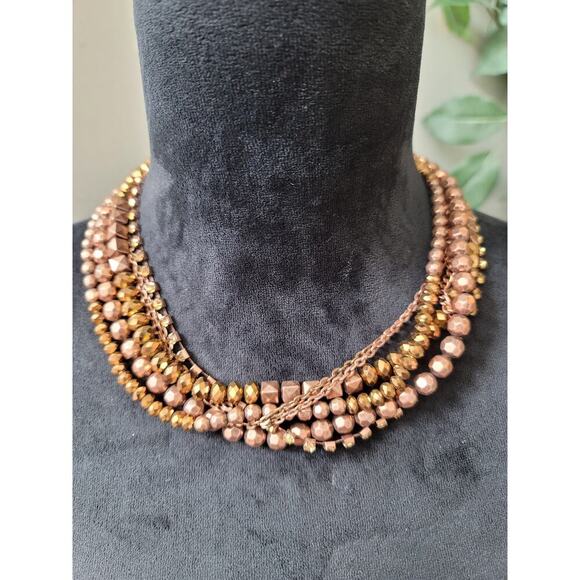 Women's Multi-Chain Beaded Necklace with Lobster Clasp Rose Gold and Yellow - Picture 2 of 6